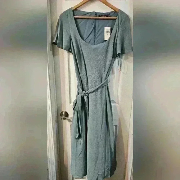 NWT Lauren Ralph Lauren Blue Belted Flutter Sleeve Midi Dress - Picture 3 of 6